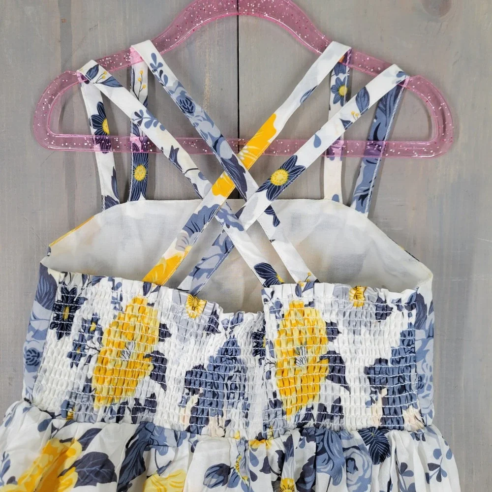 Joie‎ Floral Dress Girls Size 8 White Yellow Blue Hankerchief Hem Smocked